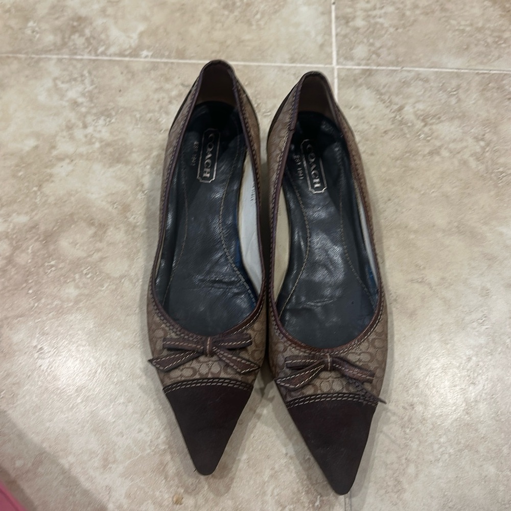 Coach Brown Signature Pointed-Toe Flats with Suede Cap